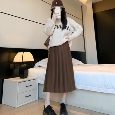 2023 Autumn/winter New Thickened Pleated Skirt with Elastic and High Waist Slimming and Loose Fitting Temperament Mid Length Skirt_voghion.com