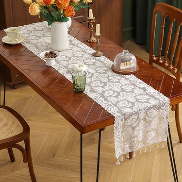 Vintage American Lace Table Runner - Crochet Cover For Coffee Table TV Stand & Dining Table (Farmhouse Decor Washable Cotton Handmade Boho Style)_voghion.com
