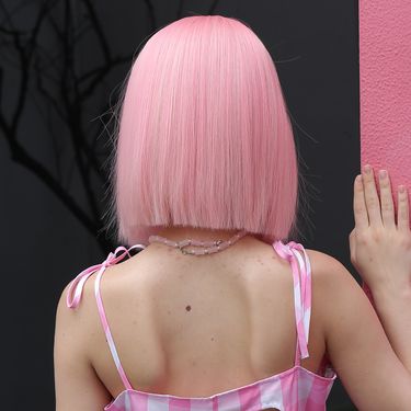 hot selling FERRE Short Light Pink Bob With Bangs Natural Synthetic Wigs for Women Daily Cosplay Hair Heat Resistant Fibre Wig_voghion.com
