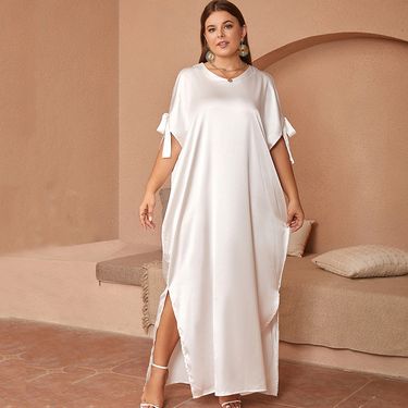 Women's Clothing Elegant Plus Size Middle Eastern Abaya Dress With Bow Tie & Side Slit - Flowy Maxi Dress White Dark Green Deep Red, Black (0XL-2XL)_voghion.com