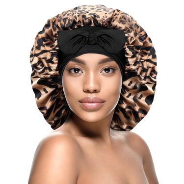 Leopard print ribbon satin sleeping cap with high elasticity and wide brim silk headscarf hat for beauty and hair care_voghion.com