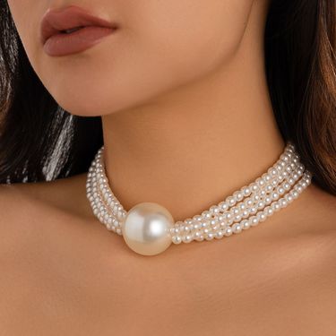 Exaggerated Round Bead Pendant Collarbone Necklace Women's Hip-hop Trend Metal Multi-layer Pearl Necklace_voghion.com