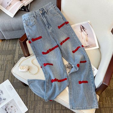 Women's Clothing autumn new design letter embroidered denim high waist slim all match wide leg pants_voghion.com