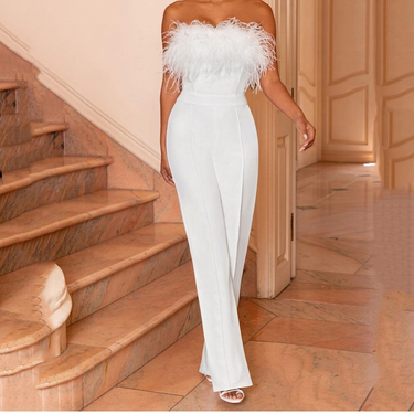 Women's Clothing spring and summer new women's clothing feather tube top color pants one shoulder backless sexy jumpsuit women_voghion.com