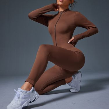 Women’s Clothing Threaded Half Zip Jumpsuit With Thumb Hole Long Sleeve Jumpsuit Hip Lifting Body Shaping Pants Small Stand Up Collar Jumpsuit_voghion.com