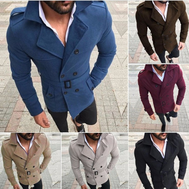 autumn men's woolen coat lapel double-breasted casual windbreaker woolen coat with belt_voghion.com