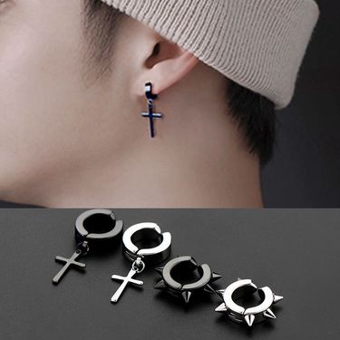 Titanium Steel Cross Ear Cuffs For Men & Women - Gothic Punk Ear Clips No Piercing Needed, U-Shaped Clip-On Earrings For Dark Aesthetic Style_voghion.com