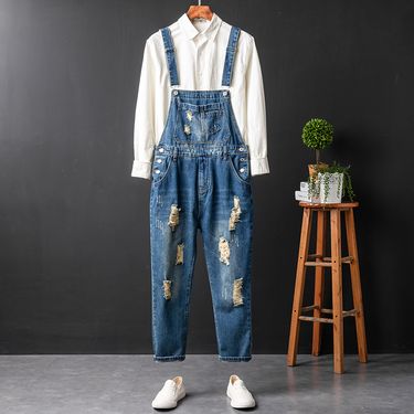 Men's Clothing Hong Kong style brand loose one piece nine point pants men's ripped nostalgic age reducing denim overalls summer overalls men_voghion.com