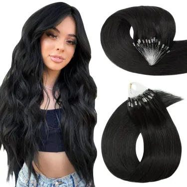 Micro Loop Straight Human Hair Microring Extensions Natural Black Remy Hair 50strands 16-26Inch_voghion.com