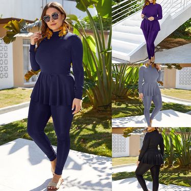Women's Clothing Arabic Large Size Black Conservative Sun Protection Sports Swimsuit High Collar Long Sleeve Diving One Piece Swimsuit_voghion.com