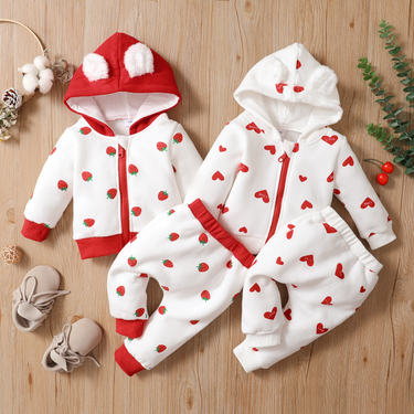 Babies' clothes infants and young children love hooded suit baby autumn and winter long-sleeved zipper sweater trousers strawberry two-piece set_voghion.com