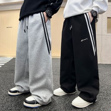 Boys' Casual Knit Pants - Soft Cotton Elastic Waist Long Trousers For Kids (120-170cm) - Grey & Black_voghion.com