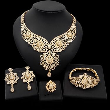 Dubai Diamond Real Gold Plated Necklace Earrings Bracelet Ring Alloy Jewelry Set_voghion.com
