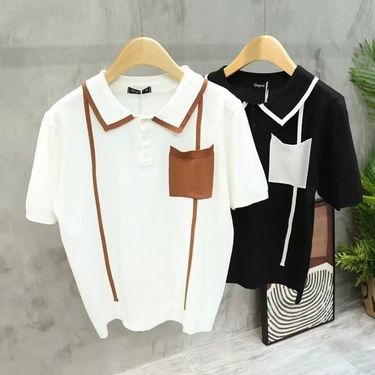 Men's Summer Striped Polo Shirt Versatile Cool Ice Silk Short Sleeved Trendy Brand Simple Round Neck T Shirt_voghion.com