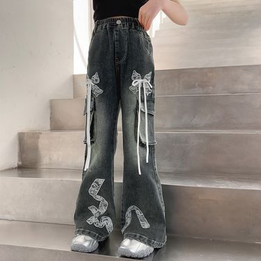 Kids’ Clothing designer bow flared jeans for girls spring new style long pants high waist slim flared pants_voghion.com