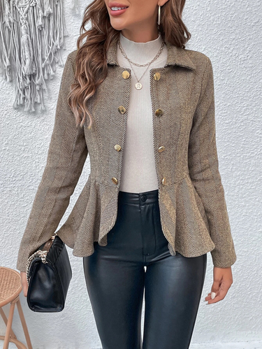 women's lapel jacquard ruffle slim double breasted temperament office blazer for women_ecoleips.com