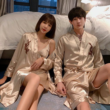 Couple's nightgown Silk ice silk embroidered bathrobe plus size loose pajamas set_voghion.com