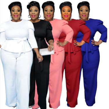 Women's clothes hot selling solid color long-sleeved trousers plus size two-piece set_voghion.com