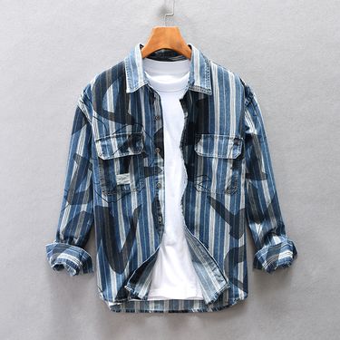 Loose Shoulder Casual Men's Striped Printed Denim Shirt Jacket_voghion.com