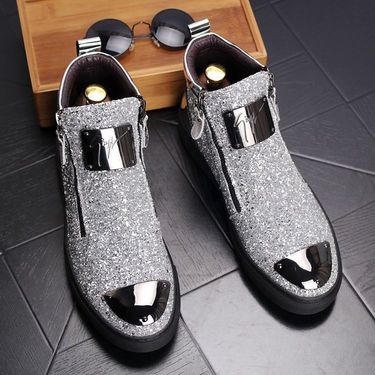 European Warm Series Fashion Short High-top Sneakers Single British Style Height-increasing Martin Boots Hairstylist Leather Sequin Men's_voghion.com