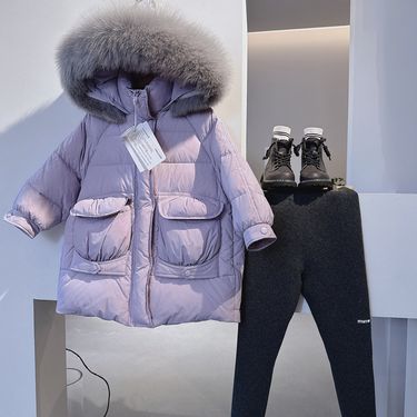 Girls' big fur collar down cotton 2024 new mid long thick warm baby winter jacket_voghion.com