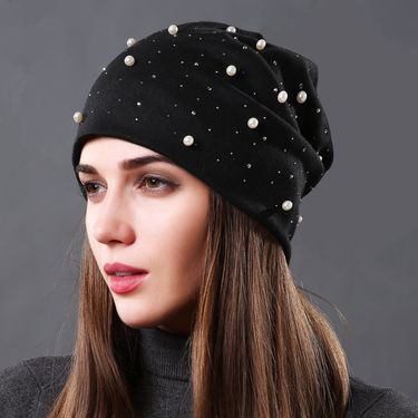 Auumn Winer Warm Baggy Slouchy Beanie For Lady Female Rhinesone Pearl Sof Fordable Skullcaps Casual Turban Bonne_voghion.com