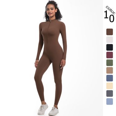 New Style Half-Zip Tight-Fitting Solid Color High Elastic Long Yoga Suit For Fitness Running Sports Jumpsuit_voghion.com