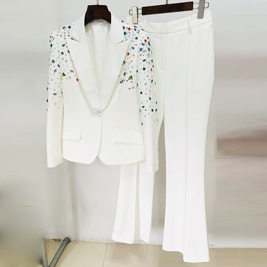 Women's Clothing fashion new heavy duty nail beads diamond slim fit suit jacket flared trousers suit two pieces_mkmklike.com