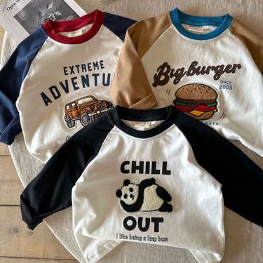 Chenma Children's 2024 Spring Boys Cartoon Embroidery Pure Cotton T-S Girls Stylish Color Block Raglan Sleeve Base_voghion.com