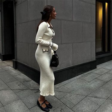 Women's Clothing light ruffled knitted sweater dress lapel tight midi skirt_voghion.com