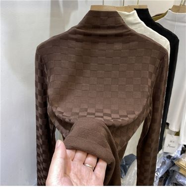 Women's Clothing half turtleneck bottoming shirt plaid long sleeved T shirt fashionable and stylish inner top _voghion.com