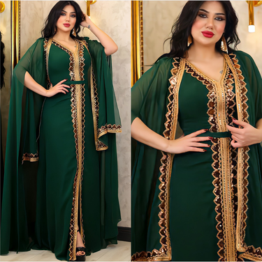 Women's Clothing Muslim Abaya Women's Sequin Dress Suit Chiffon Two Piece Dress Cape Robe_voghion.com