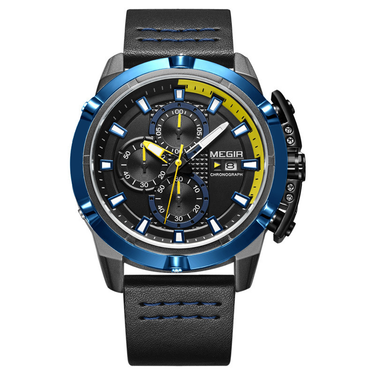Men's Sports Chronograph Watch – 30M Waterproof, Leather Strap, Calendar, 24H Display, Quartz Movement (Black/Blue/Black-Brown Strap Options)_voghion.com
