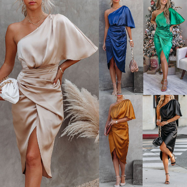 Women's Clothing Sexy single sleeve rose section irregular skirt dress evening dress woman_viptrois.com