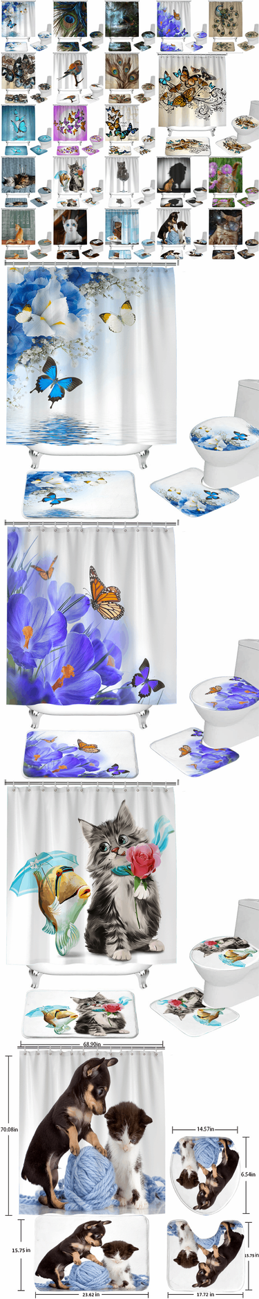 Ying Shower Curtain Digital Printing Cute Cat Butterfly Blocking Shower Curtain Set_voghion.com