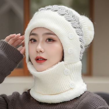 Winter Warm For Women With Scarf Mask, One-Piece Knitted Wool Fleece-Lined And Thickened, Ear Protection, Snow , Mom_voghion.com