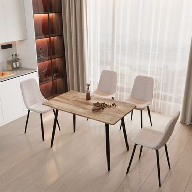 47' Modern Minimalist MDF Wood Color Dining Table And Beige Dining Chair For 4,black Metal Legs, Small Sized Dining Table, Office Desk, Kitchen Tabl_voghion.com