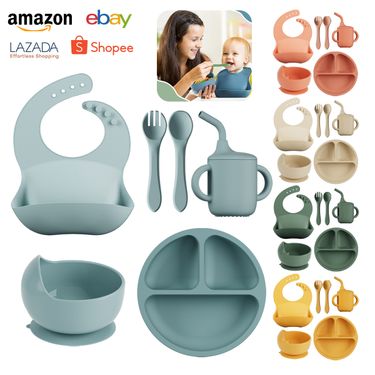 6-piece set of tableware for children, silicone food spoon, baby learning to eat bib, suction cup bowl_voghion.com