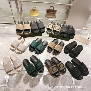 G Home 2025 Summer New Thick Bottom Brown Letter Canvas Height Increasing Casual One Word Slippers For Women_voghion.com