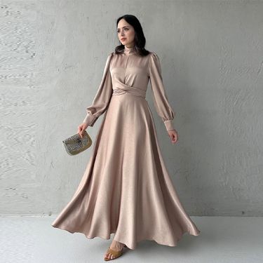Women's Clothing Elegant Long Sleeve Wrap Waist Flowy Maxi Dress For Women – Slim Fit, A-Line Silhouette, Soft Polyester Blend (Beige, Yellow, Black)_voghion.com