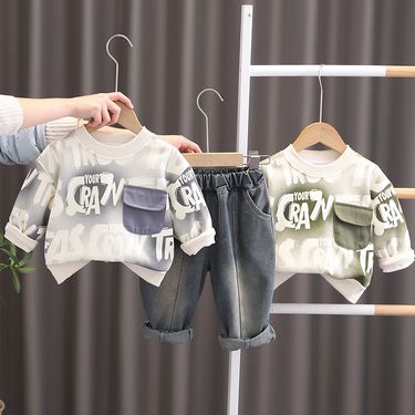 Wuxiaoqi Children's Clothing 2025 Spring Autumn New Style 0-5 Years Old Boys Girls Letter Pocket Sweatshirt And Pants_voghion.com