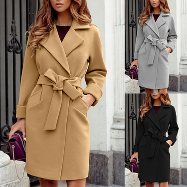 Women's Clothing Fashion Slim Waistband Lapel Wool Coat_voghion.com