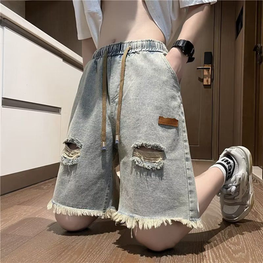 Washed distressed denim shorts, men's summer trendy American style casual pants, with design feel and a ruffled edge_voghion.com