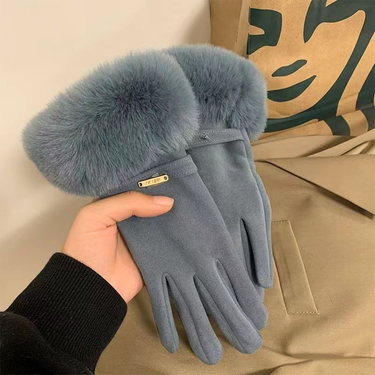 New Women's Warmth Thickened DeRong Dew Finger Touchable Screen Windproof Riding Plush Outdoor Fur Mouth Fashion Gloves_voghion.com