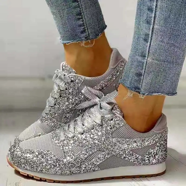 Women Flat Glitter Sneakers Casual Bling Vulcanized Shoes Female Mesh Lace Up Platform Comfort Plus Size Fashion Ladies_voghion.com