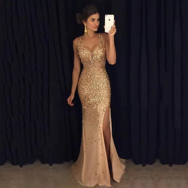 Christmas Thanksgiving Halloween Valentine's Day 2025 Autumn/Winter New Split Gold Plated Long Evening Dress_voghion.com