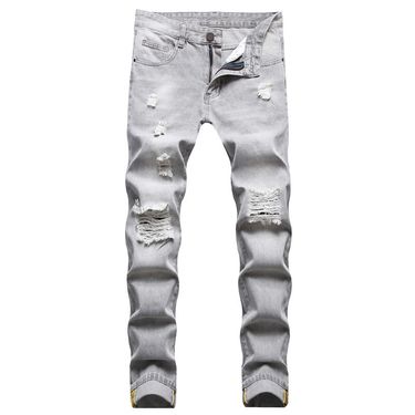 Mother Kids Specializes In Casual Large Size Ripped Straight Sand Fried Light Gray Denim Trousers_voghion.com