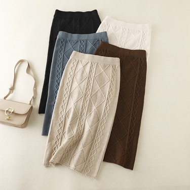 Women's clothing Autumn and winter thick woolen knitted skirt women new twist mid-length straight tube hip wrap one-step skirt_voghion.com