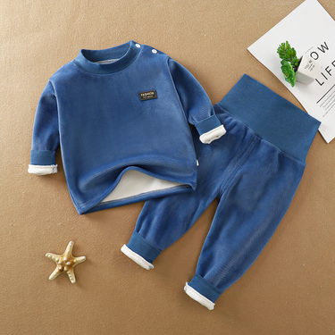 Baby warm underwear set autumn and winter children's baby plus fleece thickened high waist belly care baby long Johns_voghion.com