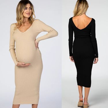 Sexy slim fit V-neck long sleeved maternity dress_voghion.com
